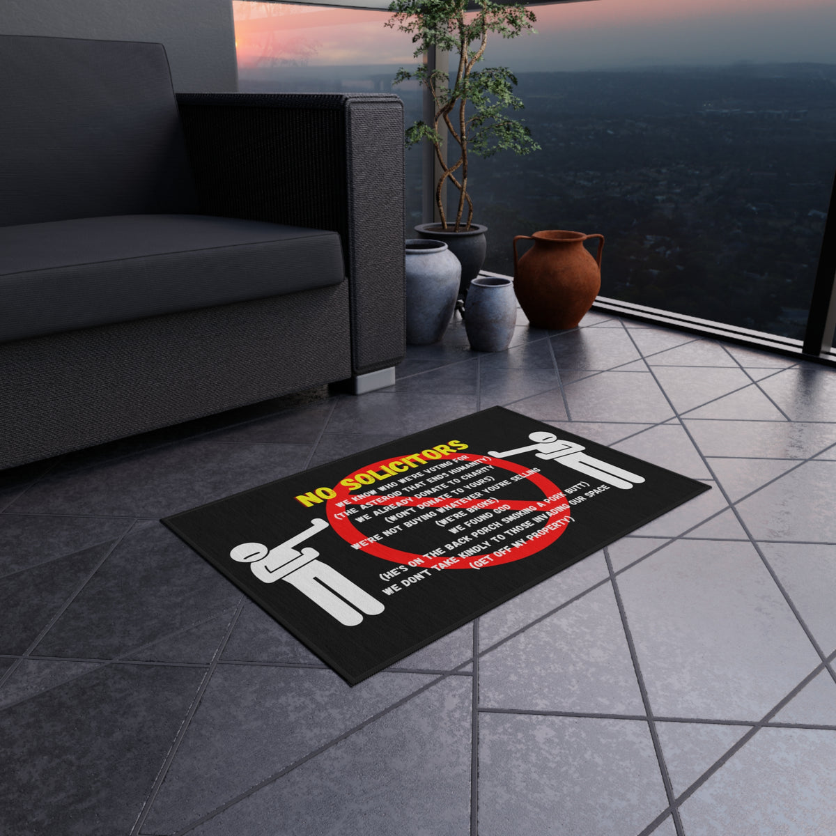 Outdoor Rug — Funny "No Solicitors" Doormat-Style Welcome Mat for Porch & Front Door