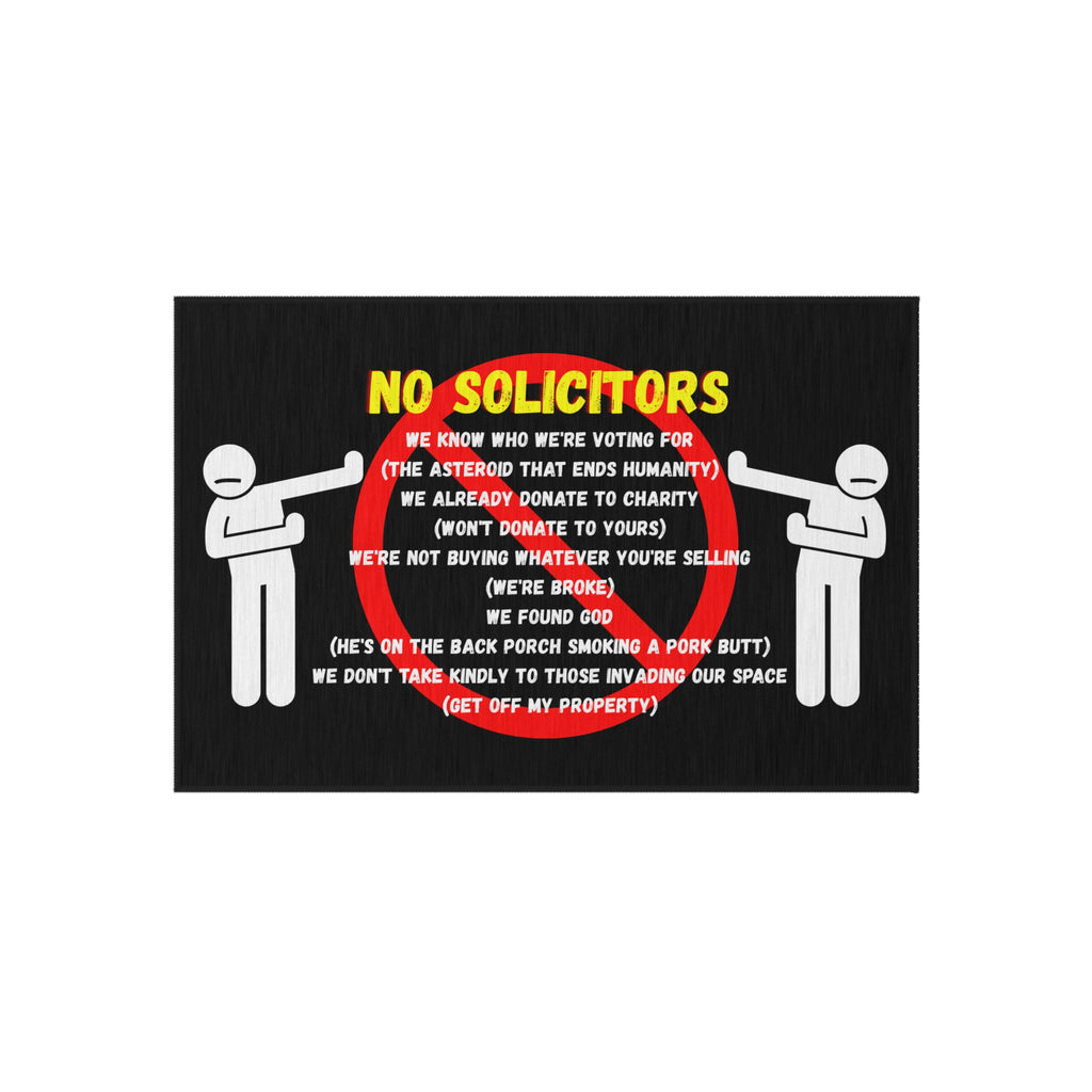 Outdoor Rug — Funny "No Solicitors" Doormat-Style Welcome Mat for Porch & Front Door