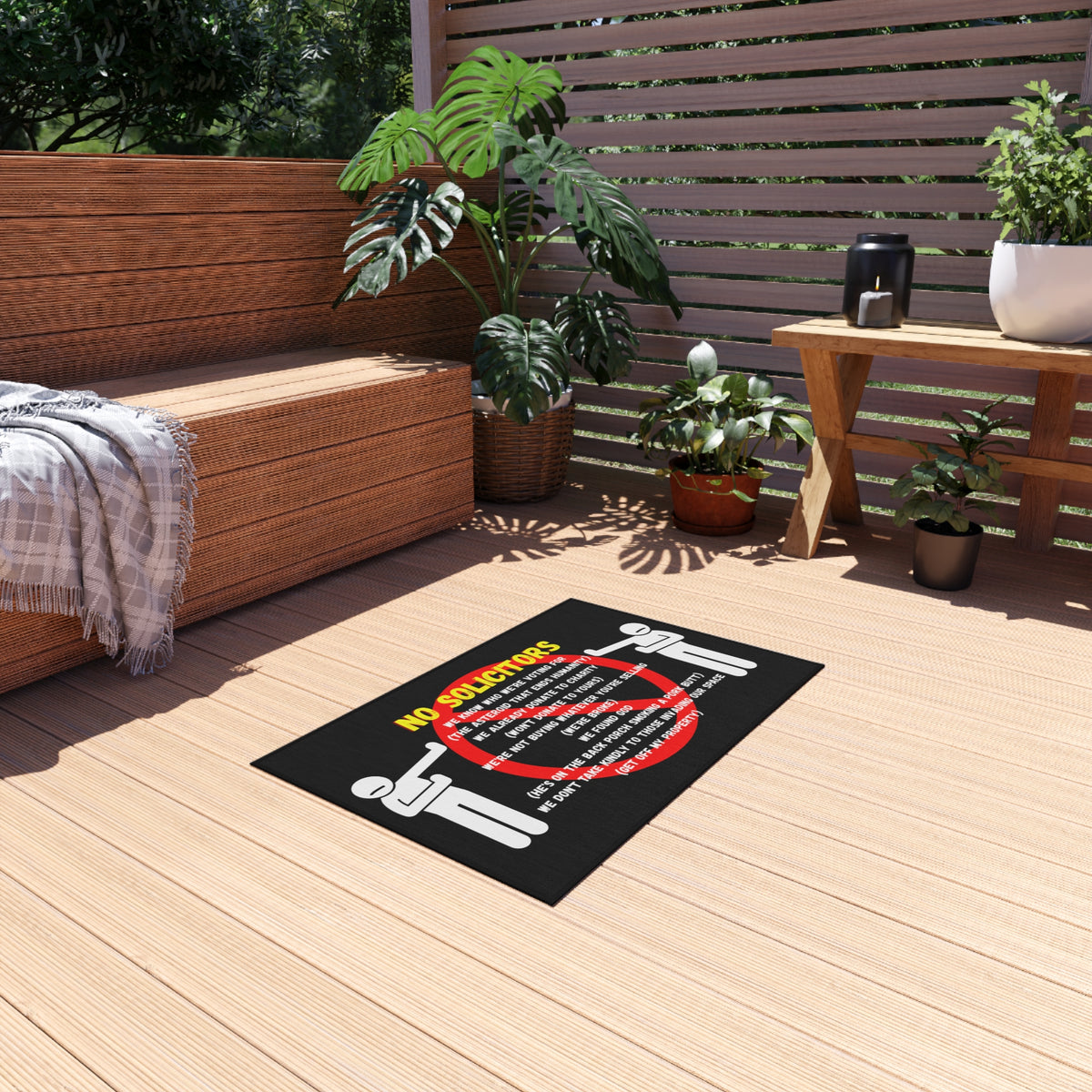 Outdoor Rug — Funny "No Solicitors" Doormat-Style Welcome Mat for Porch & Front Door