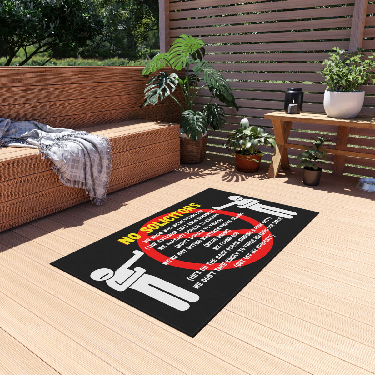 Outdoor Rug — Funny "No Solicitors" Doormat-Style Welcome Mat for Porch & Front Door