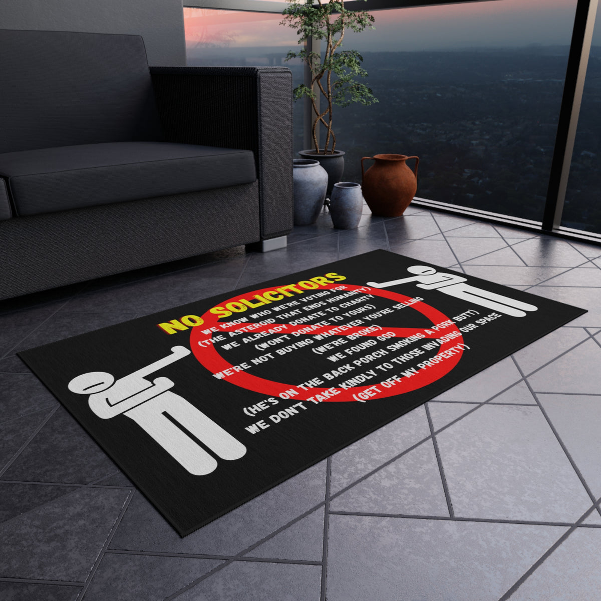 Outdoor Rug — Funny "No Solicitors" Doormat-Style Welcome Mat for Porch & Front Door